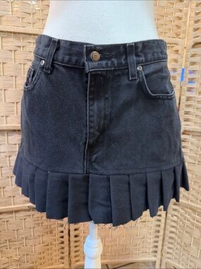 Hand Crafted Black Denim Mini Skirt with Pleated Hem